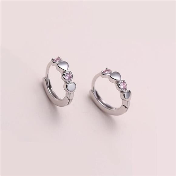 Double Love Heart Cubic Zirconia Small Hoop Earrings for Women Girls - Picture 4 of 7